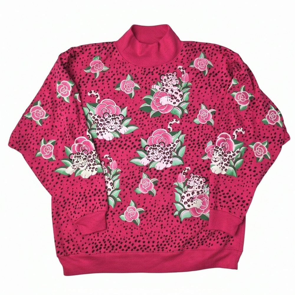VTG 90s Spumoni Leopard Rose Magenta Mock Neck Sweatshirt - Kids M / Women XS